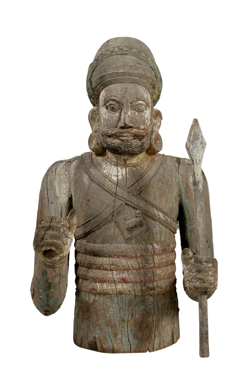 Indien Krieger Statue geschnitzte Halbfigur Skulptur holzfarbig Rajasthan 1940