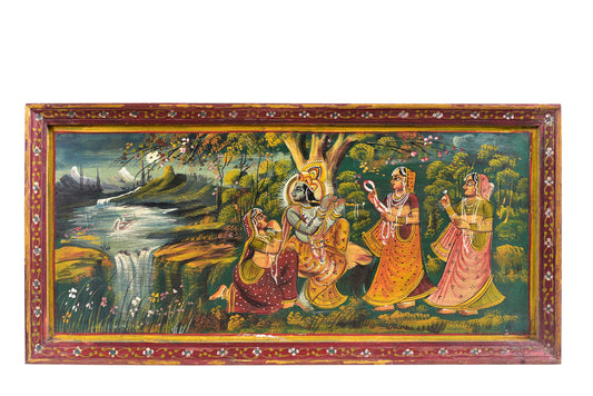 Indien 1965 Wandbild traditionelle Naturszene rotbrauner Holzrahmen Querformat