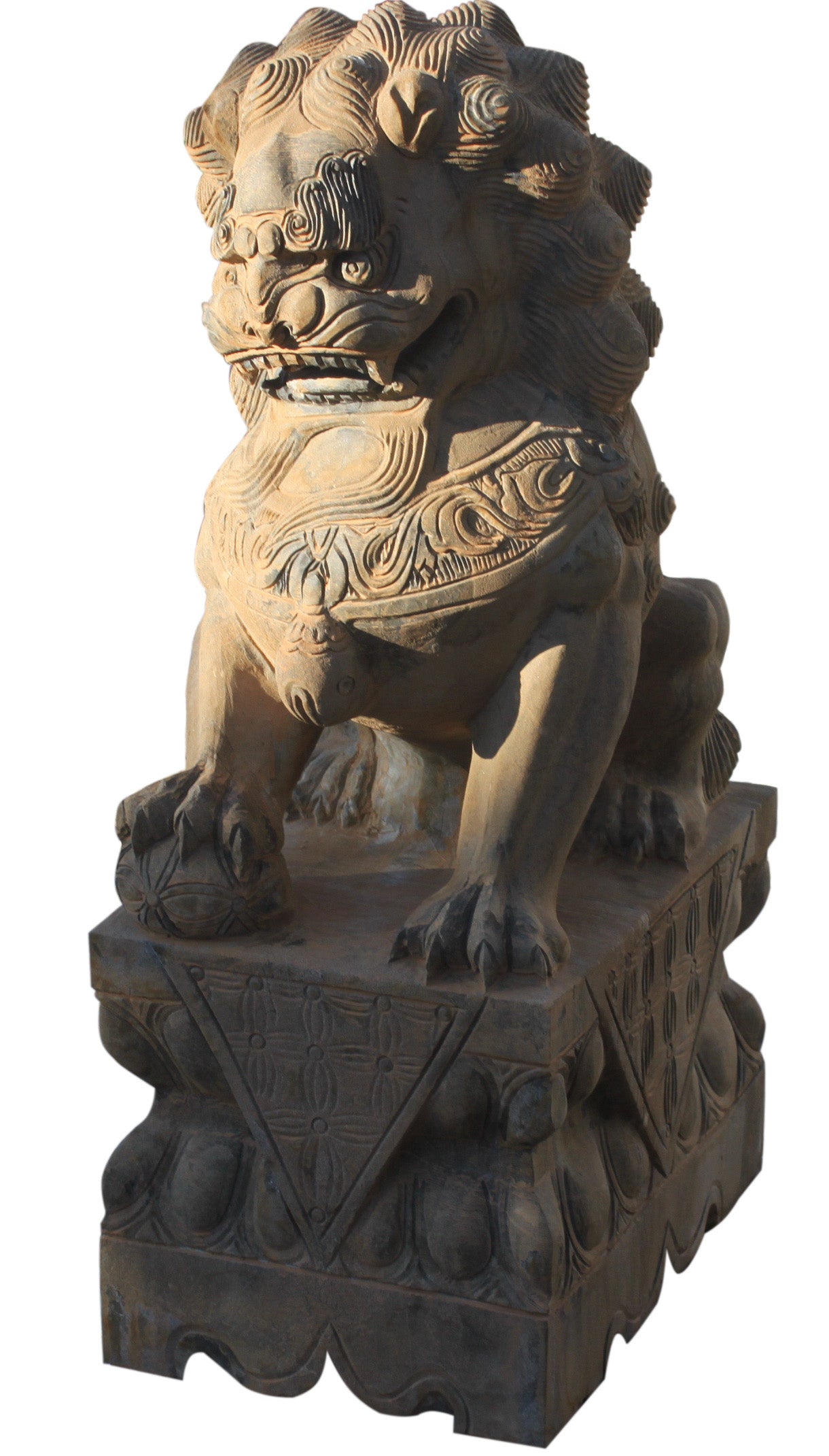 Fu Dog Paar Tempel Loewen Waechter beiger Marmor Antik- Look Bildhauerarbeit