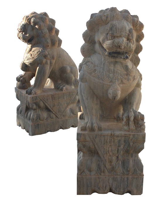 Fu Dog Paar Tempel Loewen Waechter beiger Marmor Antik- Look Bildhauerarbeit