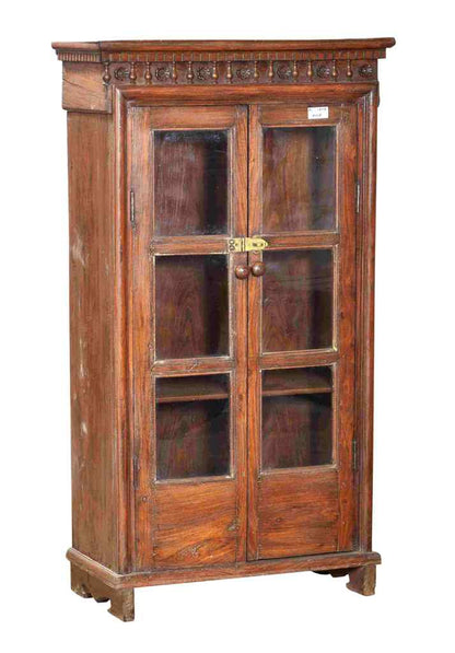 Indien 1910 halbhohe schlanke Glasvitrine Schrank Naturholz Schnitzerei