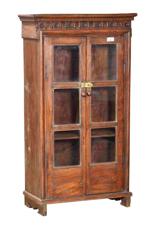 Indien 1910 halbhohe schlanke Glasvitrine Schrank Naturholz Schnitzerei