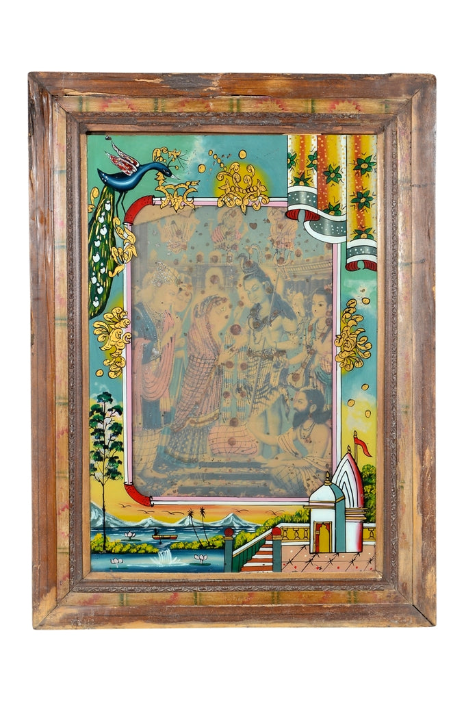 Indien 1950 altes Wandbild mit Holzrahmen Palastszene Rajasthan