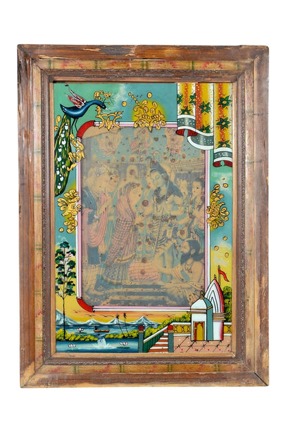 Indien 1950 altes Wandbild mit Holzrahmen Palastszene Rajasthan