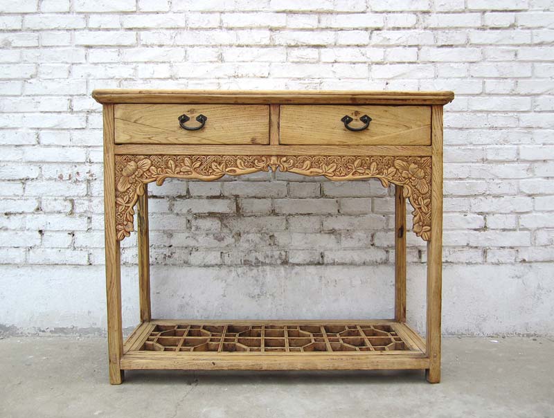 China 1940 Shanxi kleiner Schreibtisch Garderobentisch reiche Schnitzerei helle Pinie