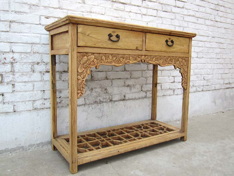 China 1940 Shanxi kleiner Schreibtisch Garderobentisch reiche Schnitzerei helle Pinie