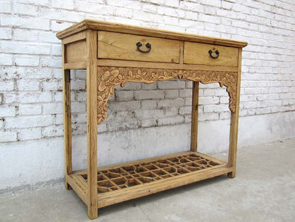 China 1940 Shanxi kleiner Schreibtisch Garderobentisch reiche Schnitzerei helle Pinie