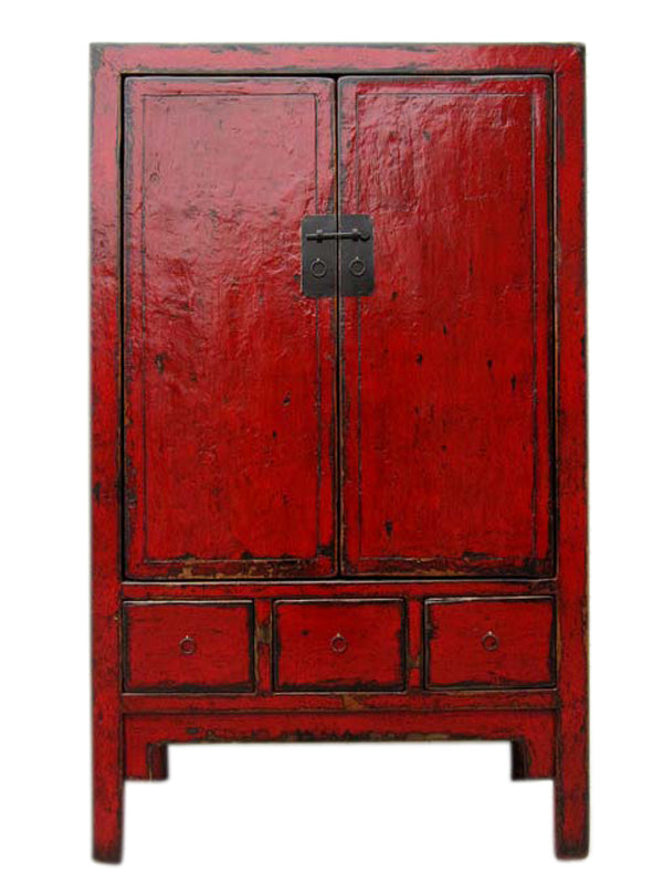 Traditioneller Chinesischer Hochzeitsschrank rot Shanxi 1860 aus dunkles Ulmenholz mit Metallbeschläge