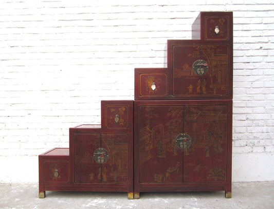 China Treppen Kommode Schrank rotbraun Antikfinish