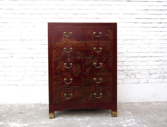 China Schubladenkommode rotbraun Lederoptik Vintage Pinienholz
