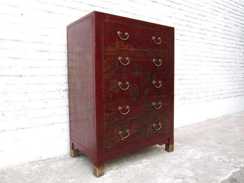 China Schubladenkommode rotbraun Lederoptik Vintage Pinienholz