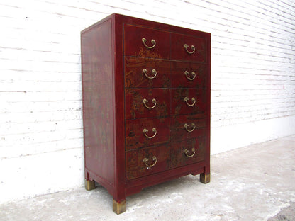 China Schubladenkommode rotbraun Lederoptik Vintage Pinienholz