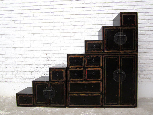 Asien Treppen Kommode Schrank antikschwarz Kolonial Stil Pinie