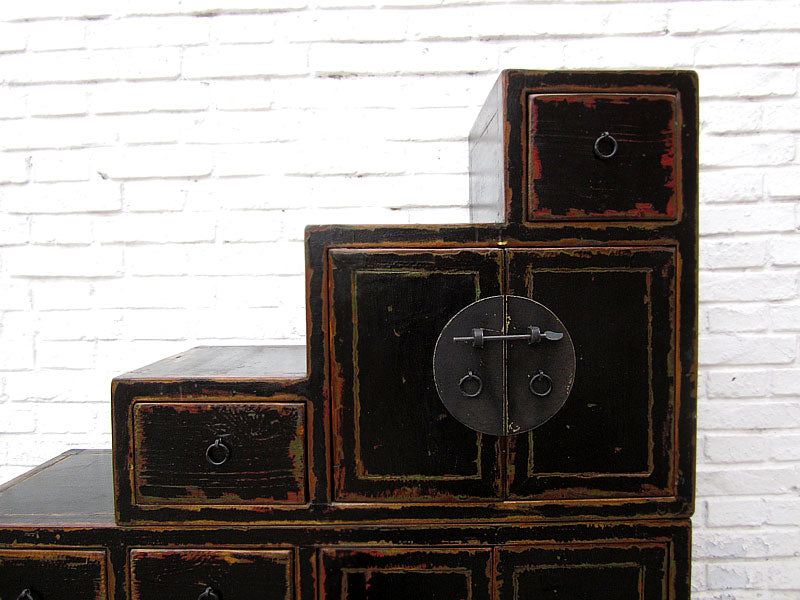 Asien Treppen Kommode Schrank antikschwarz Kolonial Stil Pinie