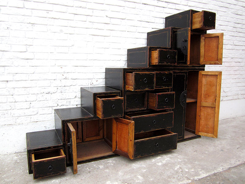 Asien Treppen Kommode Schrank antikschwarz Kolonial Stil Pinie