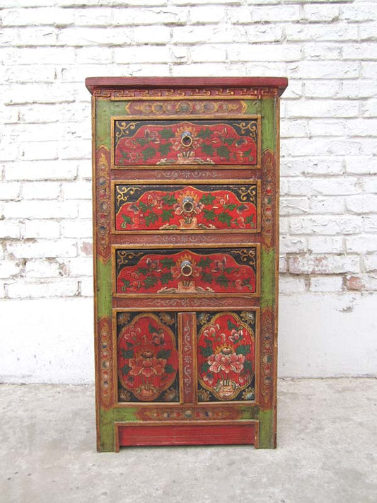 China Tibet 1950 rustikale Kommode Kredenz drei Schubladen traditionell bemalte Pinie in rotbraun von Luxury-Park
