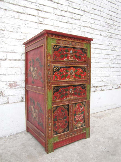 China Tibet 1950 rustikale Kommode Kredenz drei Schubladen traditionell bemalte Pinie in rotbraun von Luxury-Park