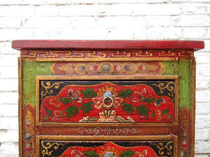 China Tibet 1950 rustikale Kommode Kredenz drei Schubladen traditionell bemalte Pinie in rotbraun von Luxury-Park