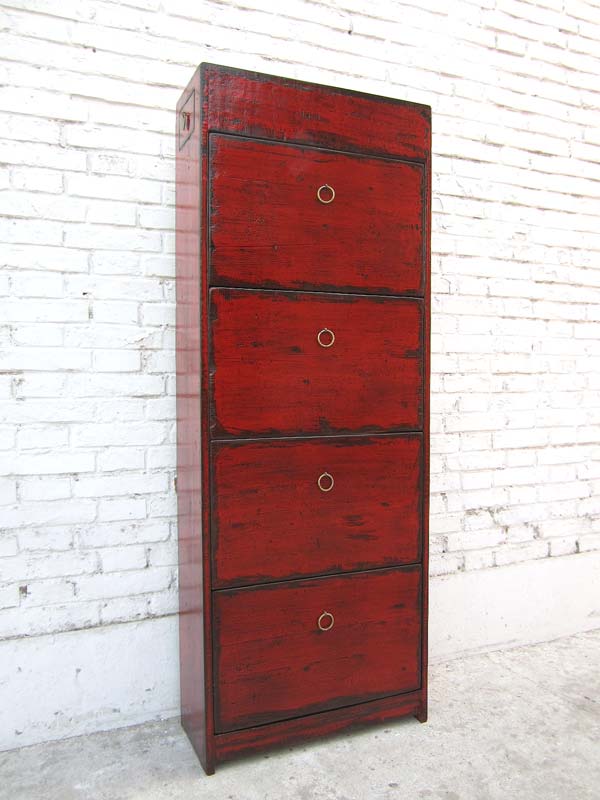 China praktischer Schuhschrank vier breite Fächer braunrote Pinie Antiklook