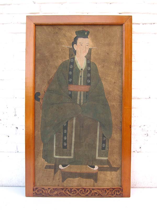 Altes China großes Wandbild junger Adliger Fürst antike Bemalung in Pastelltönen 80 Jahre lackiertes Pinienholz von Luxury-Park