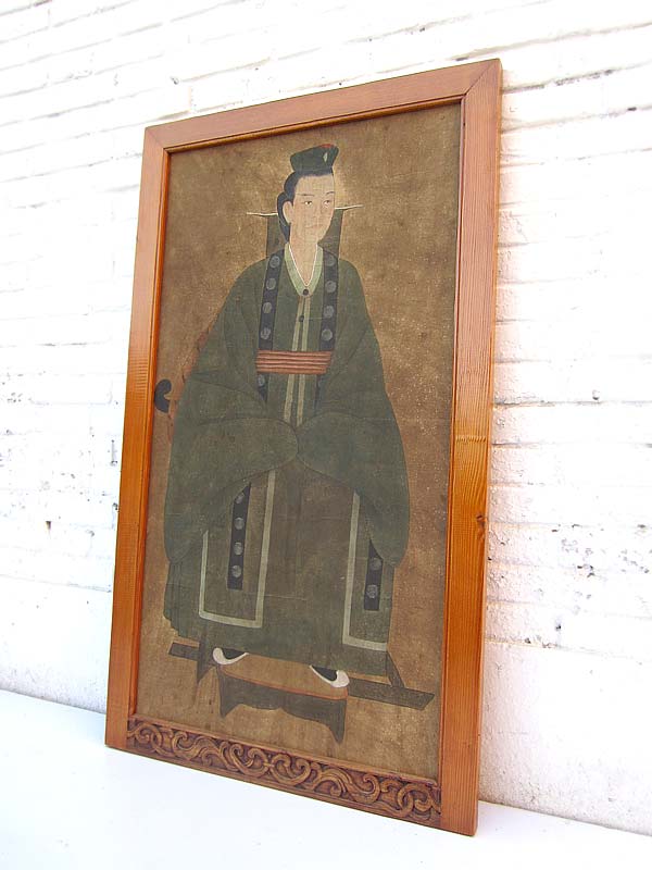 Altes China großes Wandbild junger Adliger Fürst antike Bemalung in Pastelltönen 80 Jahre lackiertes Pinienholz von Luxury-Park