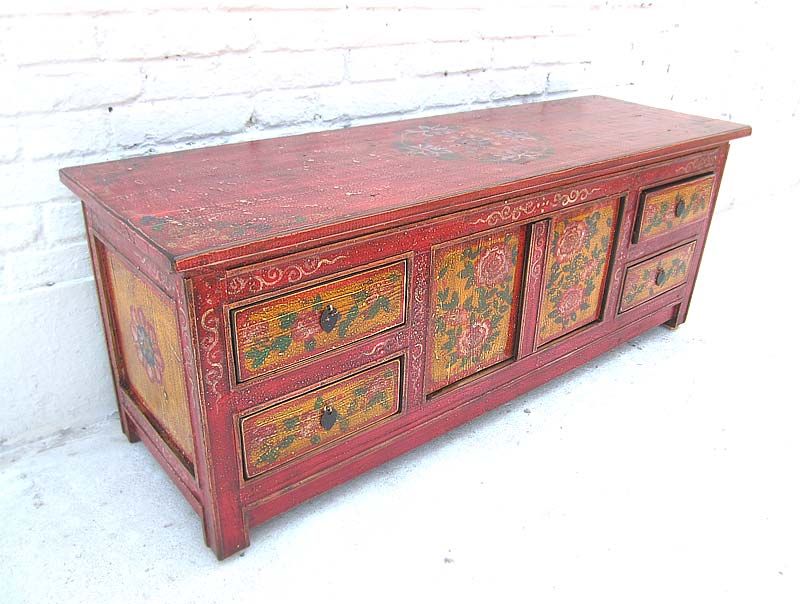 Tibet Lowboard Kommode Flachbildschirm rotbraun Antik Pinienholz