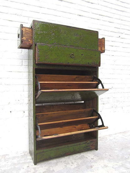 China Schuhschrank lackiert in englisch grün shabby chic Look drei Fächer seitliche Schübe ein Bestseller von Luxury-Park