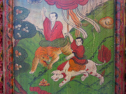 Altes China farbenfrohes Wandbild antike Bemalung auf lackiertem Holz klassische Szene von Luxury-Park