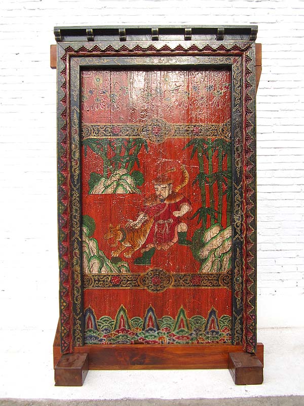 Tibet ca 1910 antike Tür mit Rahmen zum Einbau phantastisch bunt bemalt