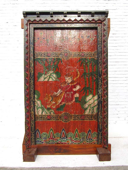 Tibet ca 1910 antike Tür mit Rahmen zum Einbau phantastisch bunt bemalt