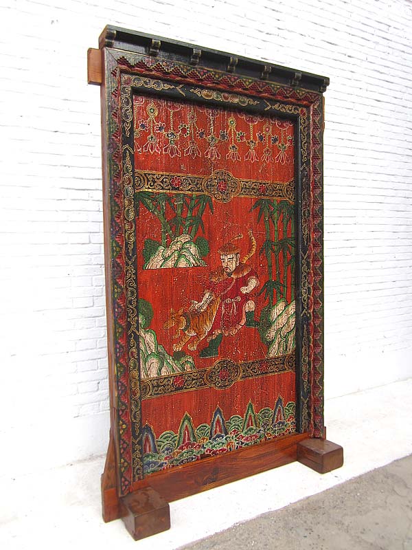 Tibet ca 1910 antike Tür mit Rahmen zum Einbau phantastisch bunt bemalt