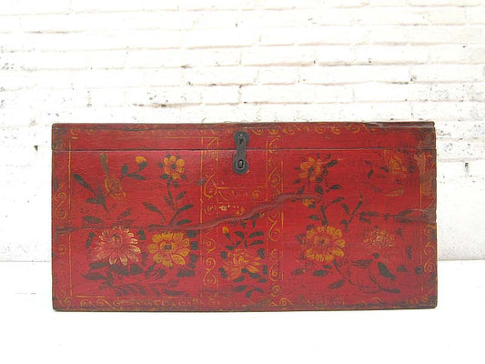 China Mongolei 1890 edle antike Hochzeitstruhe rot lackierte Pinie mit feiner floraler Bemalung von Luxury-Park