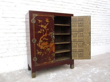 China Kommode Lederfinish feine rote Bemalung Vintage Stil Pinie