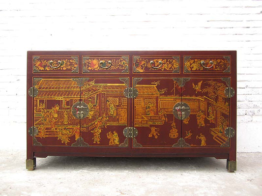 China Sideboard Kommode rotbraun Lederfinish Klassik Stil Holz