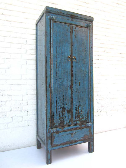 China shabby chic schlanker halbhoher azurblauer Schrank shabby Gebrauchsspuren mit Sockelschublade von Luxury-Park