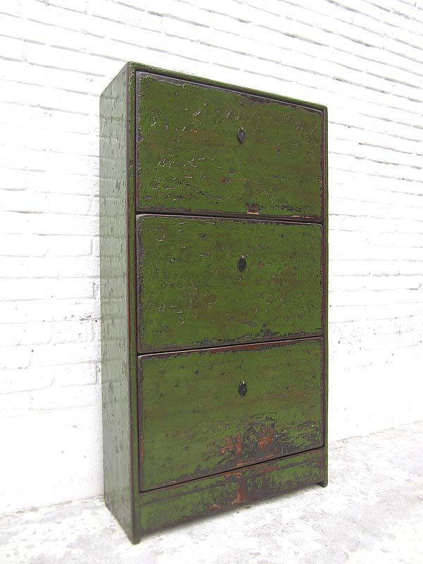 China mittlerer Schuhschrank englisch grüne Lackierung drei Fächer Gebrauchsspuren Shabby chic von Luxury-Park