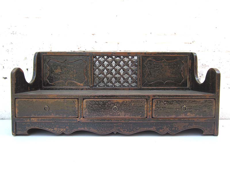 China Shanxi antik Sitzbank Shabby chic heavy used Sockelschubladen Schnitzerei schwarz lackierte Fichte von Luxury-Park