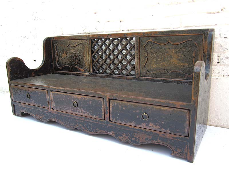 China Shanxi antik Sitzbank Shabby chic heavy used Sockelschubladen Schnitzerei schwarz lackierte Fichte von Luxury-Park