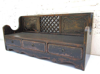 China Shanxi antik Sitzbank Shabby chic heavy used Sockelschubladen Schnitzerei schwarz lackierte Fichte von Luxury-Park