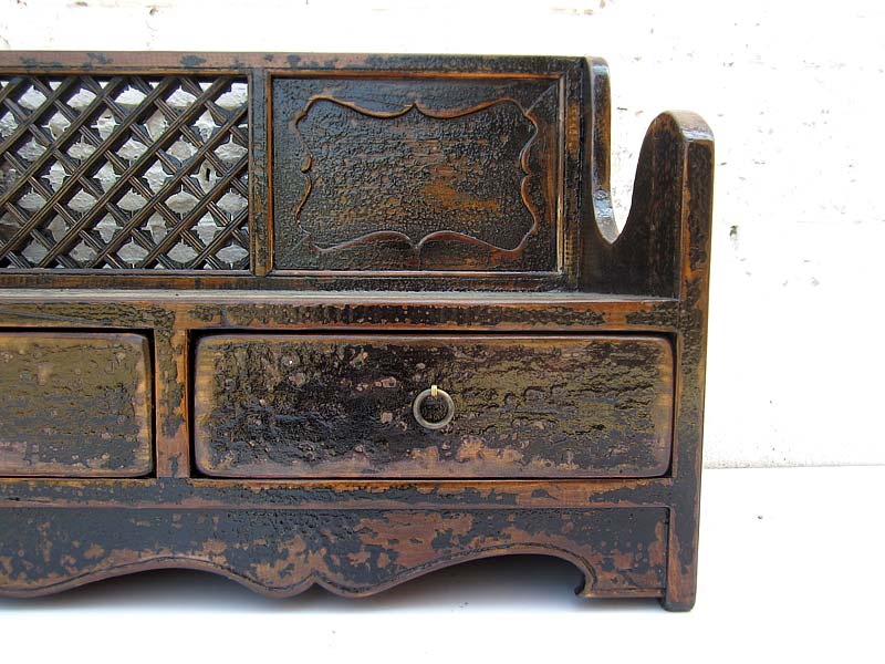 China Shanxi antik Sitzbank Shabby chic heavy used Sockelschubladen Schnitzerei schwarz lackierte Fichte von Luxury-Park