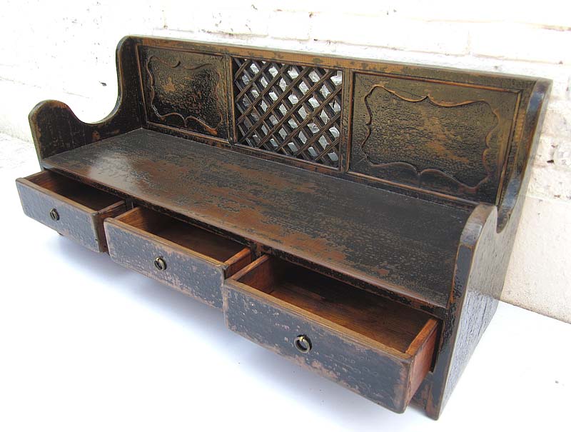 China Shanxi antik Sitzbank Shabby chic heavy used Sockelschubladen Schnitzerei schwarz lackierte Fichte von Luxury-Park