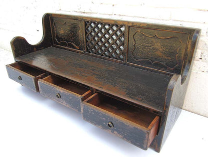 China Shanxi antik Sitzbank Shabby chic heavy used Sockelschubladen Schnitzerei schwarz lackierte Fichte von Luxury-Park