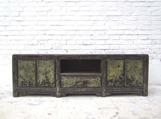 China shabby chic Lowboard flache Anrichte für TV Flachbildschirm Pinie schmutzgrau heavy used Optik von Luxury Park