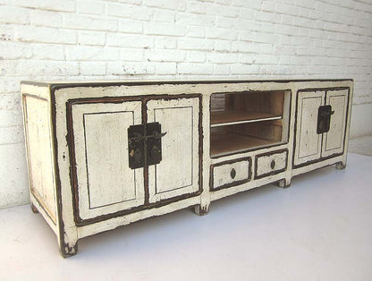 China Lowboard flache Anrichte für TV Bildschirm weiß lackierte Pinie Metallbeschläge von Luxury Park