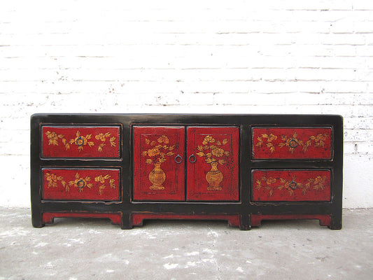 Asien Lowboard Fernseh Kommode schwarz rot Antikfinish Pinienholz