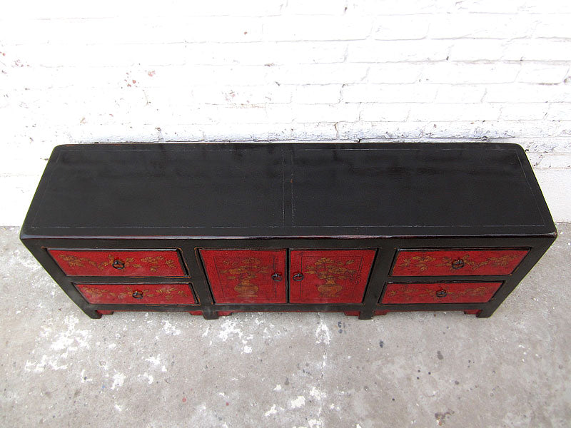 Asien Lowboard Fernseh Kommode schwarz rot Antikfinish Pinienholz