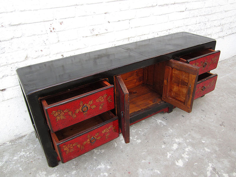 Asien Lowboard Fernseh Kommode schwarz rot Antikfinish Pinienholz