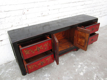 Asien Lowboard Fernseh Kommode schwarz rot Antikfinish Pinienholz