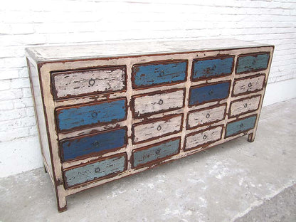 China breite Kommode Sideboard shabby chic 16 Schubladen weiß blau Pinie