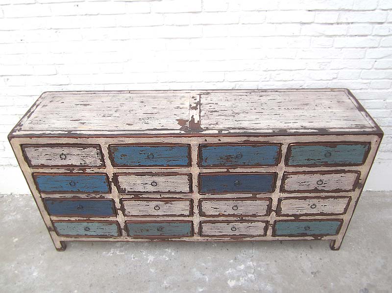 China breite Kommode Sideboard shabby chic 16 Schubladen weiß blau Pinie